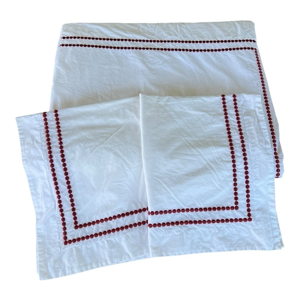 Pottery‎ Barn Pearl Dot Embroidered Trim Duvet Set Ruby Red White Full Queen GUC